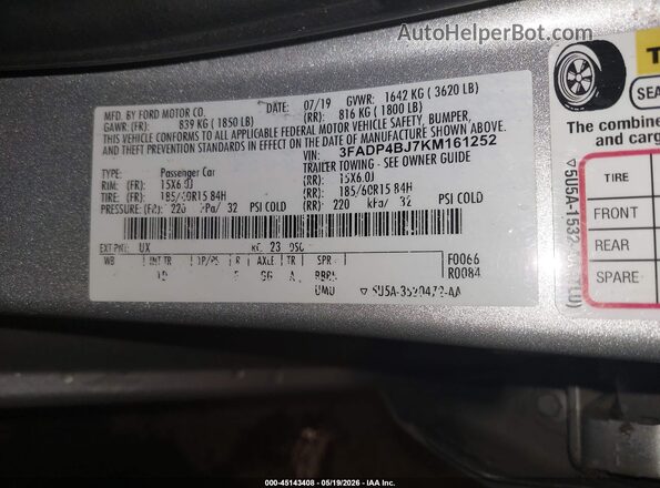 3FADP4BJ7KM161252 2019 FORD FIESTA Серебряный 