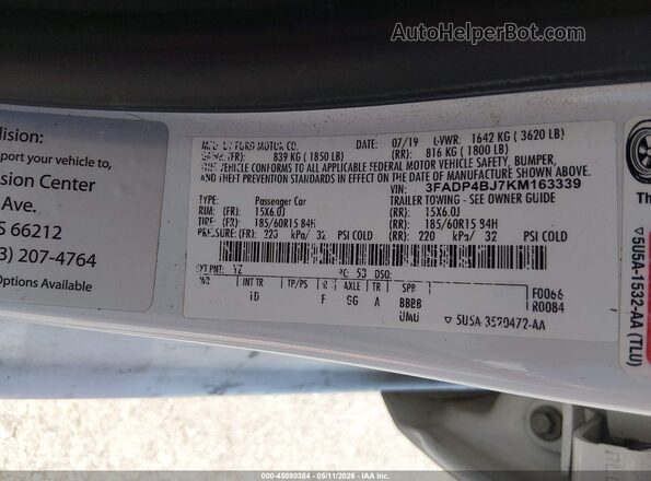 3FADP4BJ7KM163339 2019 FORD FIESTA Белый Вид подкапотного пространства