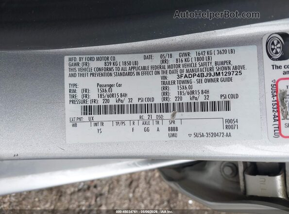 3FADP4BJ9JM129725 2018 FORD FIESTA Silver Շարժիչի բաժամունքի տեսք