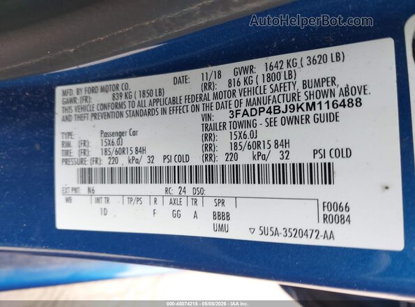 3FADP4BJ9KM116488 2019 FORD FIESTA Blue 