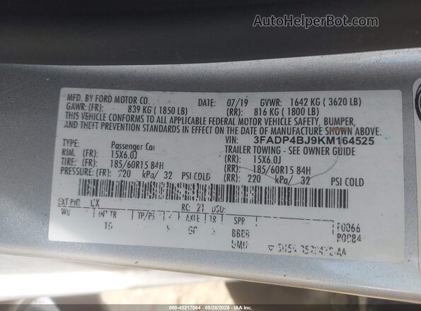 3FADP4BJ9KM164525 2019 FORD FIESTA Silver ძრავის განყოფილების ხედი