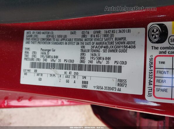 3FADP4BJXGM156408 2016 FORD FIESTA Red Vista del compartimento del motor