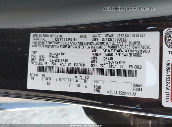 3FADP4BJXHM128903 2017 FORD FIESTA Black Вид підкапотного простору