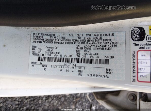 3FADP4BJXJM140510 2018 FORD FIESTA White 