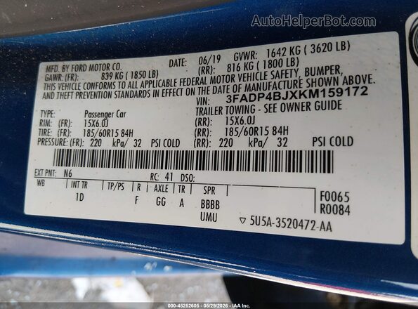 3FADP4BJXKM159172 2019 FORD FIESTA Blue Շարժիչի բաժամունքի տեսք