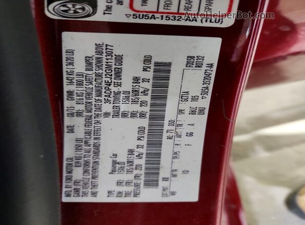 3FADP4EJ2GM113077 2016 FORD FIESTA Red Widok naklejki z numerem VIN