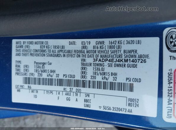 3FADP4EJ4KM140726 2019 FORD FIESTA Синий Вид подкапотного пространства