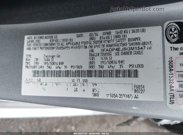 3FADP4EJ5GM154710 2016 FORD FIESTA Серебряный Вид подкапотного пространства