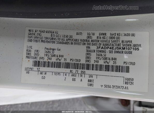 3FADP4EJ5KM107105 2019 FORD FIESTA White Շարժիչի բաժամունքի տեսք