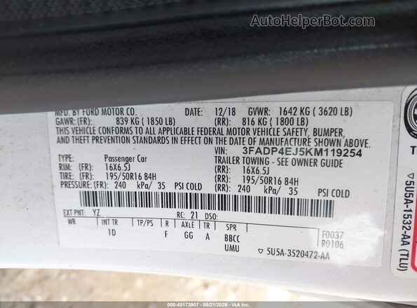 3FADP4EJ5KM119254 2019 FORD FIESTA White 