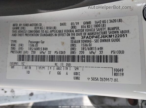 3FADP4EJ6KM122051 2019 FORD FIESTA Белый Вид подкапотного пространства