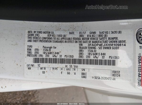 3FADP4EJXHM109814 2017 FORD FIESTA Белый Вид подкапотного пространства