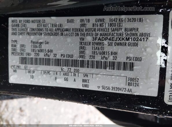 3FADP4EJXKM102417 2019 FORD FIESTA Black Вид підкапотного простору