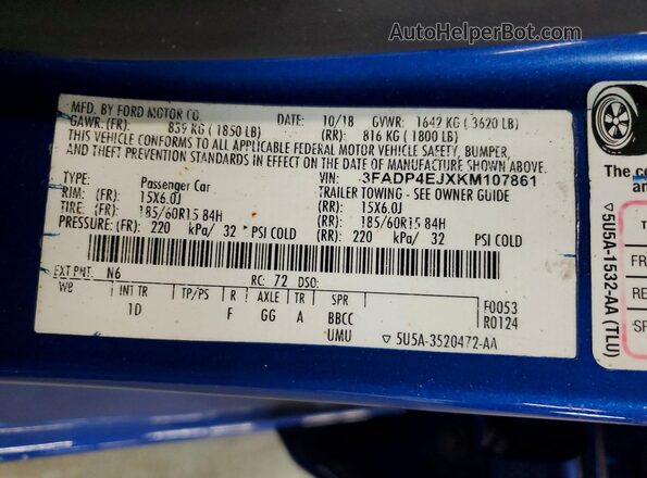 3FADP4EJXKM107861 2019 FORD FIESTA Blue 