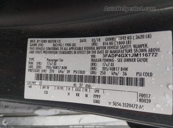3FADP4GX1JM116772 2018 FORD FIESTA Gray 
