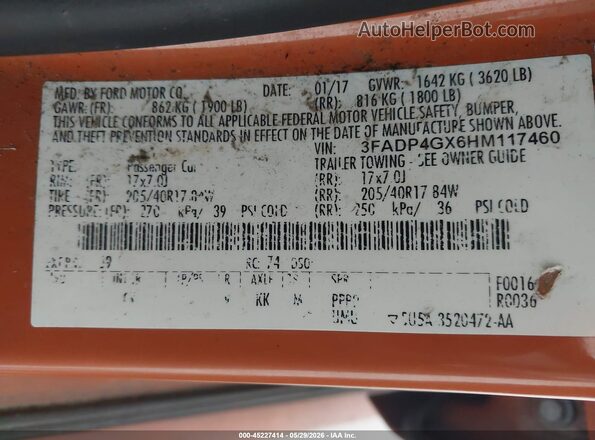3FADP4GX6HM117460 2017 FORD FIESTA Оранжевый Вид подкапотного пространства