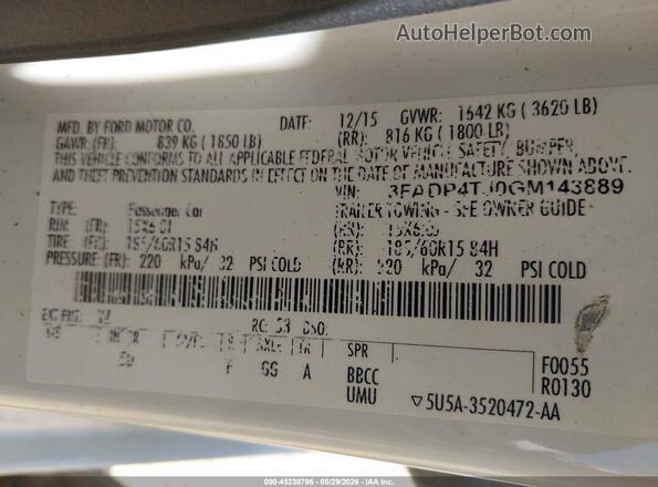 3FADP4TJ0GM143889 2016 FORD FIESTA White Vista del compartimento del motor