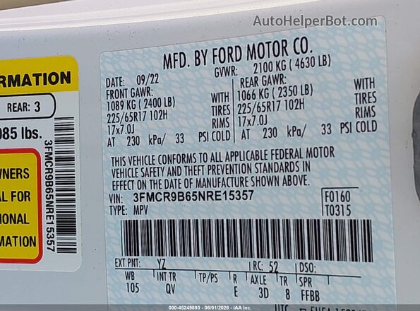 3FMCR9B65NRE15357 2022 FORD BRONCO SPORT White ძრავის განყოფილების ხედი