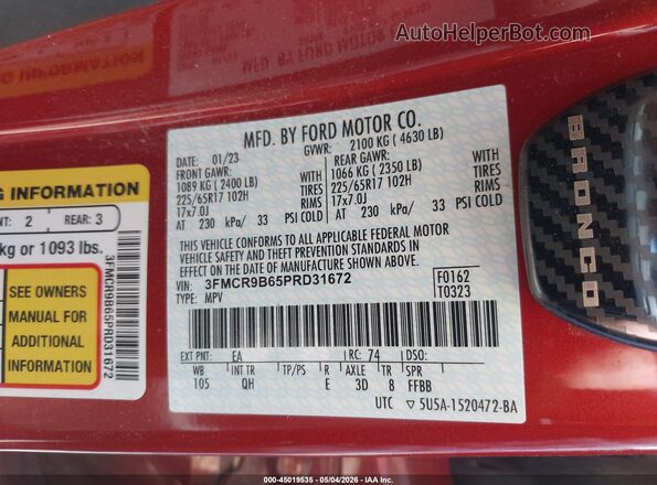 3FMCR9B65PRD31672 2023 FORD BRONCO SPORT Orange Вид підкапотного простору