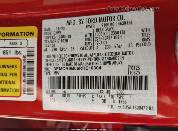 3FMCR9B66RRE10304 2024 FORD BRONCO SPORT Red Շարժիչի բաժամունքի տեսք