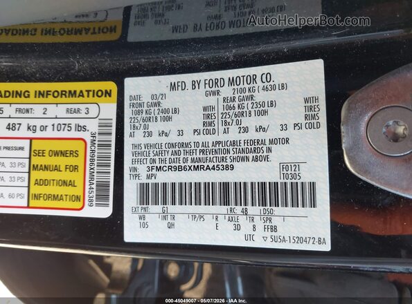 3FMCR9B6XMRA45389 2021 FORD BRONCO SPORT Black 
