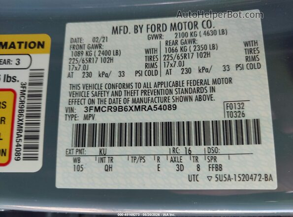 3FMCR9B6XMRA54089 2021 FORD BRONCO SPORT Blue Engine compartment view