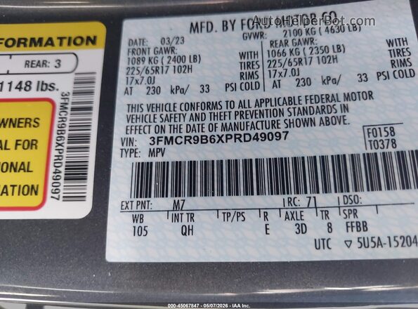 3FMCR9B6XPRD49097 2023 FORD BRONCO SPORT Gray 