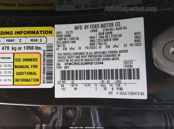 3FMCR9C62MRB12548 2021 FORD BRONCO SPORT Black Vista de la etiqueta del VIN