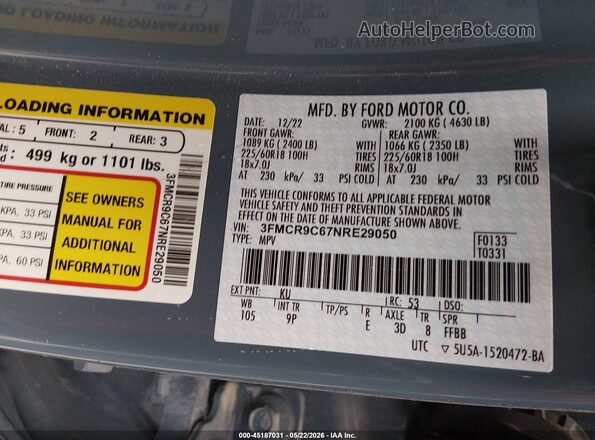 3FMCR9C67NRE29050 2022 FORD BRONCO SPORT Синий Вид подкапотного пространства