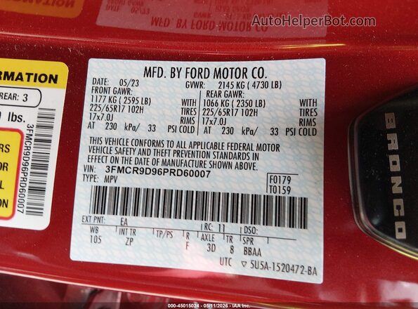 3FMCR9D96PRD60007 2023 FORD BRONCO SPORT Red 
