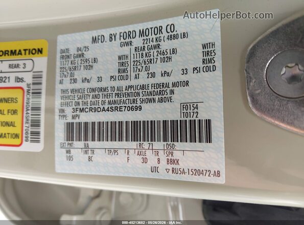 3FMCR9DA4SRE70699 2025 FORD BRONCO SPORT Cream Вид підкапотного простору