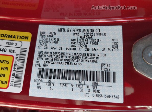 3FMCR9DA4TRE14165 2026 FORD BRONCO SPORT Red Вид підкапотного простору
