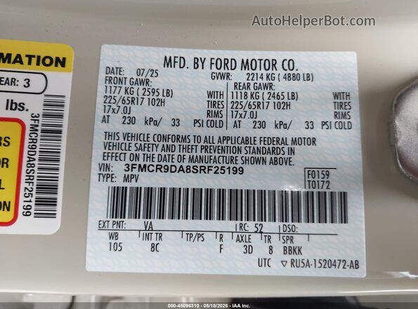 3FMCR9DA8SRF25199 2025 FORD BRONCO SPORT Cream Widok komory silnika