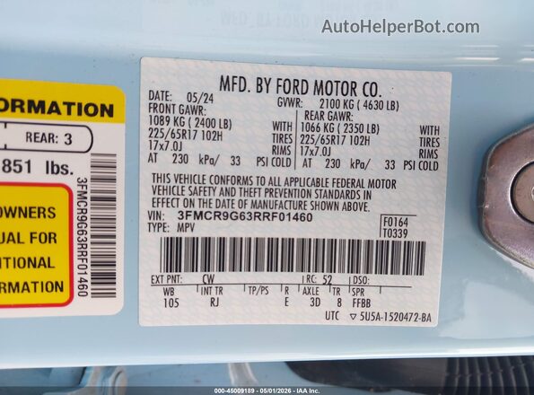 3FMCR9G63RRF01460 2024 FORD BRONCO SPORT Light Blue Engine compartment view
