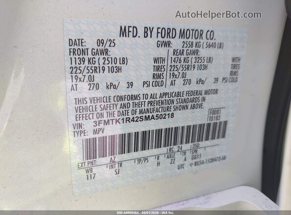 3FMTK1R42SMA50218 2025 FORD MUSTANG MACH-E White 