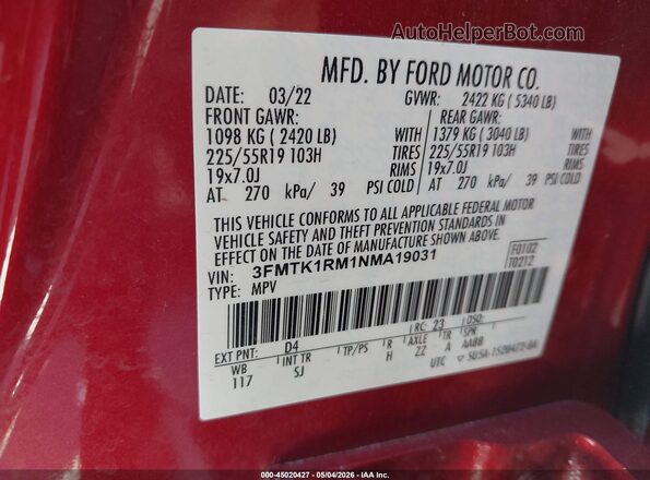 3FMTK1RM1NMA19031 2022 FORD MUSTANG MACH-E Red 