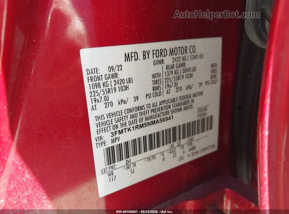 3FMTK1RM5NMA56941 2022 FORD MUSTANG MACH-E Red Engine compartment view