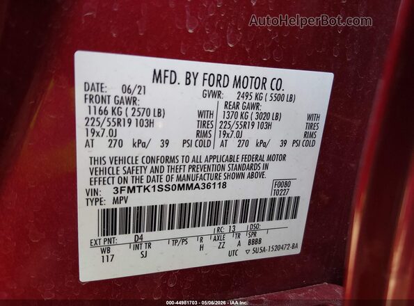 3FMTK1SS0MMA36118 2021 FORD MUSTANG MACH-E Red Vista del compartimento del motor