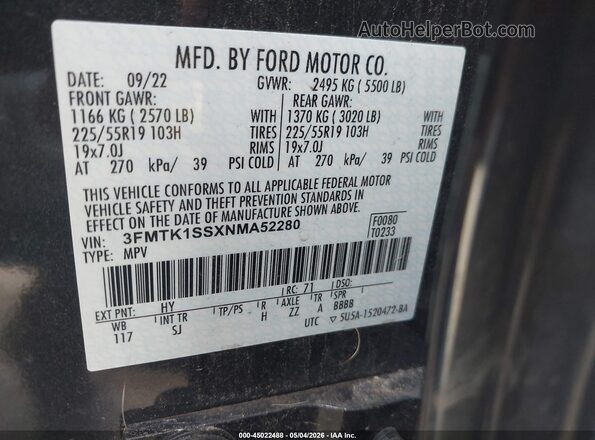 3FMTK1SSXNMA52280 2022 FORD MUSTANG MACH-E Gray 