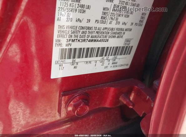 3FMTK3R74MMA45028 2021 FORD MUSTANG MACH-E PREMI Red ძრავის განყოფილების ხედი