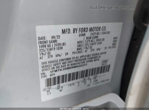 3FMTK3RM0NMA50251 2022 FORD MUSTANG MACH-E PREMI Blue 