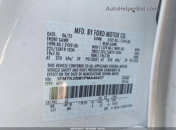 3FMTK3RM1PMA46437 2023 FORD MUSTANG MACH-E White ძრავის განყოფილების ხედი