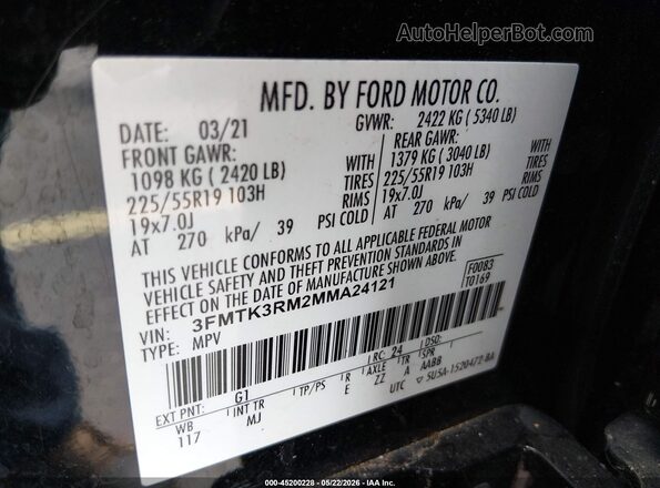 3FMTK3RM2MMA24121 2021 FORD MUSTANG MACH-E Черный Вид подкапотного пространства