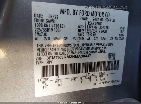 3FMTK3RM2NMA30437 2022 FORD MUSTANG MACH-E Silver Vista del compartimento del motor