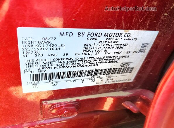 3FMTK3RM7NMA40896 2022 FORD MUSTANG Red VIN sticker view