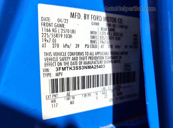 3FMTK3SS3NMA25403 2022 FORD MUSTANG Blue 360 interior view