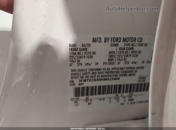 3FMTK3SS8NMA25400 2022 FORD MUSTANG MACH-E White Շարժիչի բաժամունքի տեսք