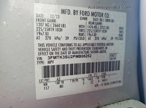 3FMTK3SU2PMB06252 2023 FORD MUSTANG Gray Widok wnętrza 360 stopni