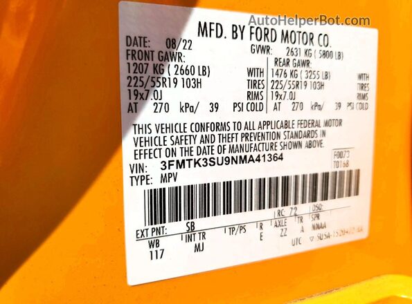 3FMTK3SU9NMA41364 2022 FORD MUSTANG Orange 