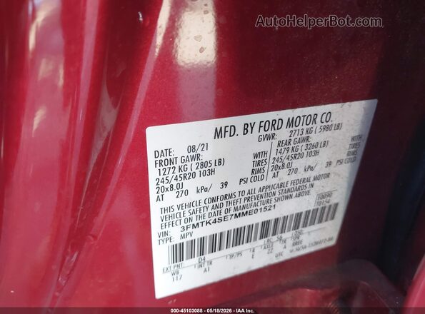 3FMTK4SE7MME01521 2021 FORD MUSTANG MACH-E Red Engine compartment view